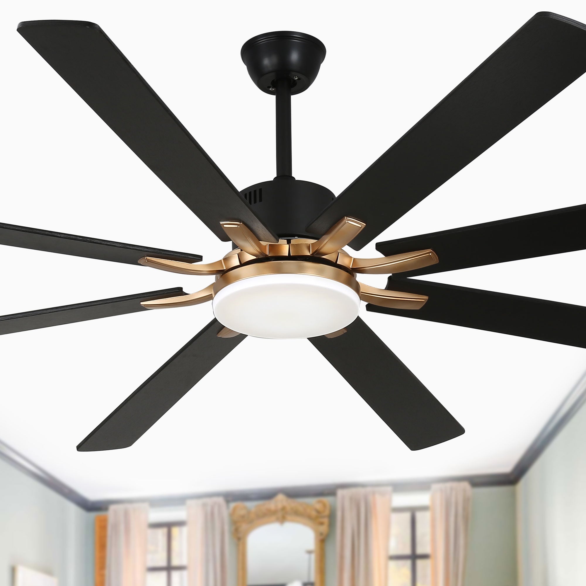 DC7203-BellaDepot 72" 8 Blades Black/Silver Finish Modern Urban Reversible Ceiling Fan with Remote and LED Light Kit Included, Large Size Dimmable Ceiling Fan