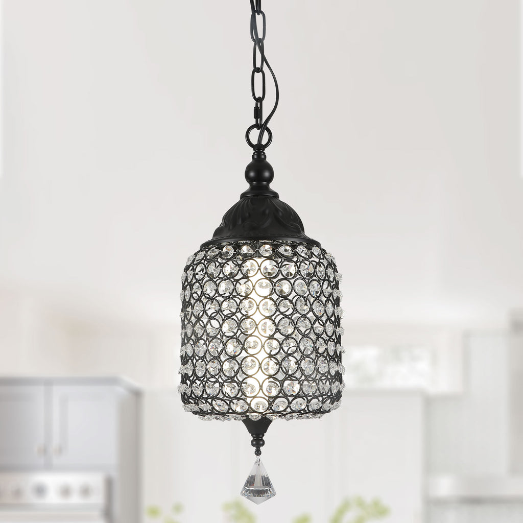 1 - Light Black/Chrome Cylinder Crystal LED Pendant Light, 7.3" Dining Room Light Fixtures Kitchen Island Light