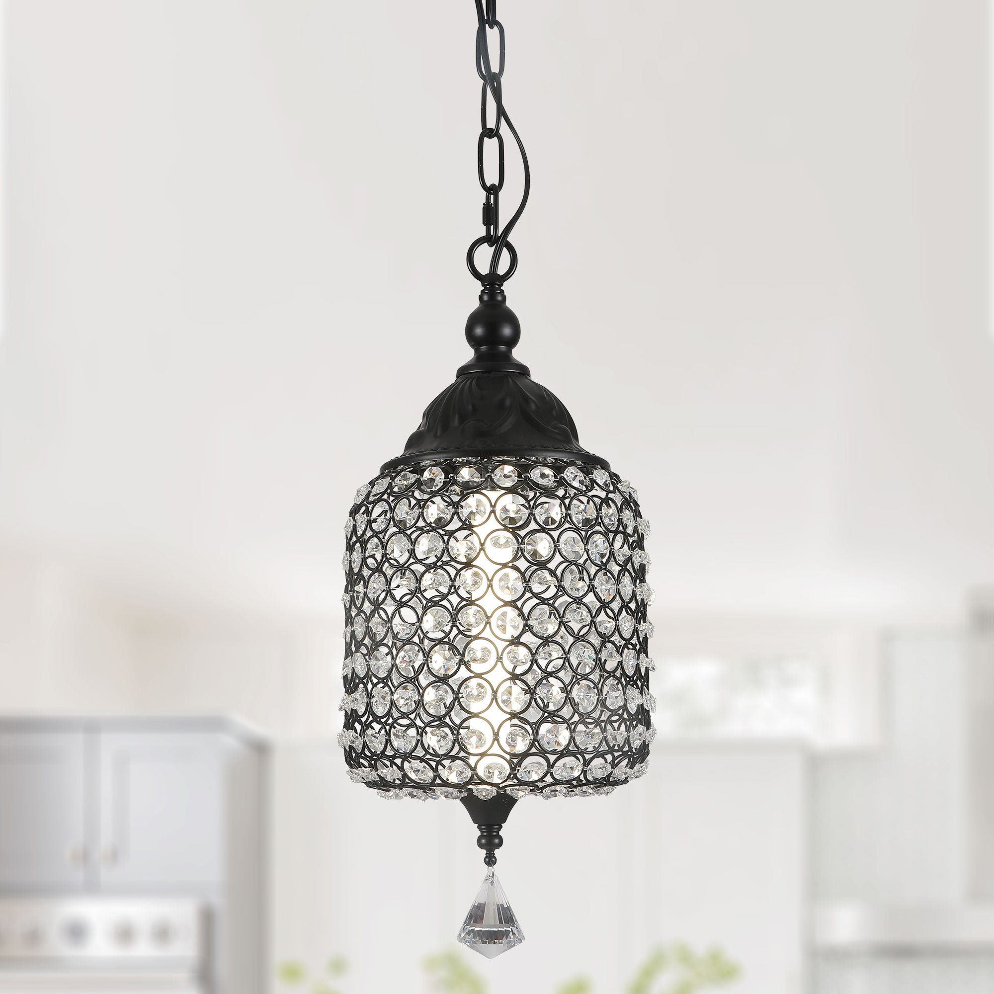 FC4074-BellaDepot LED Black/Silver Finish Modern Crystal Chandelier, Height Adjustable Geometric Pendant Light