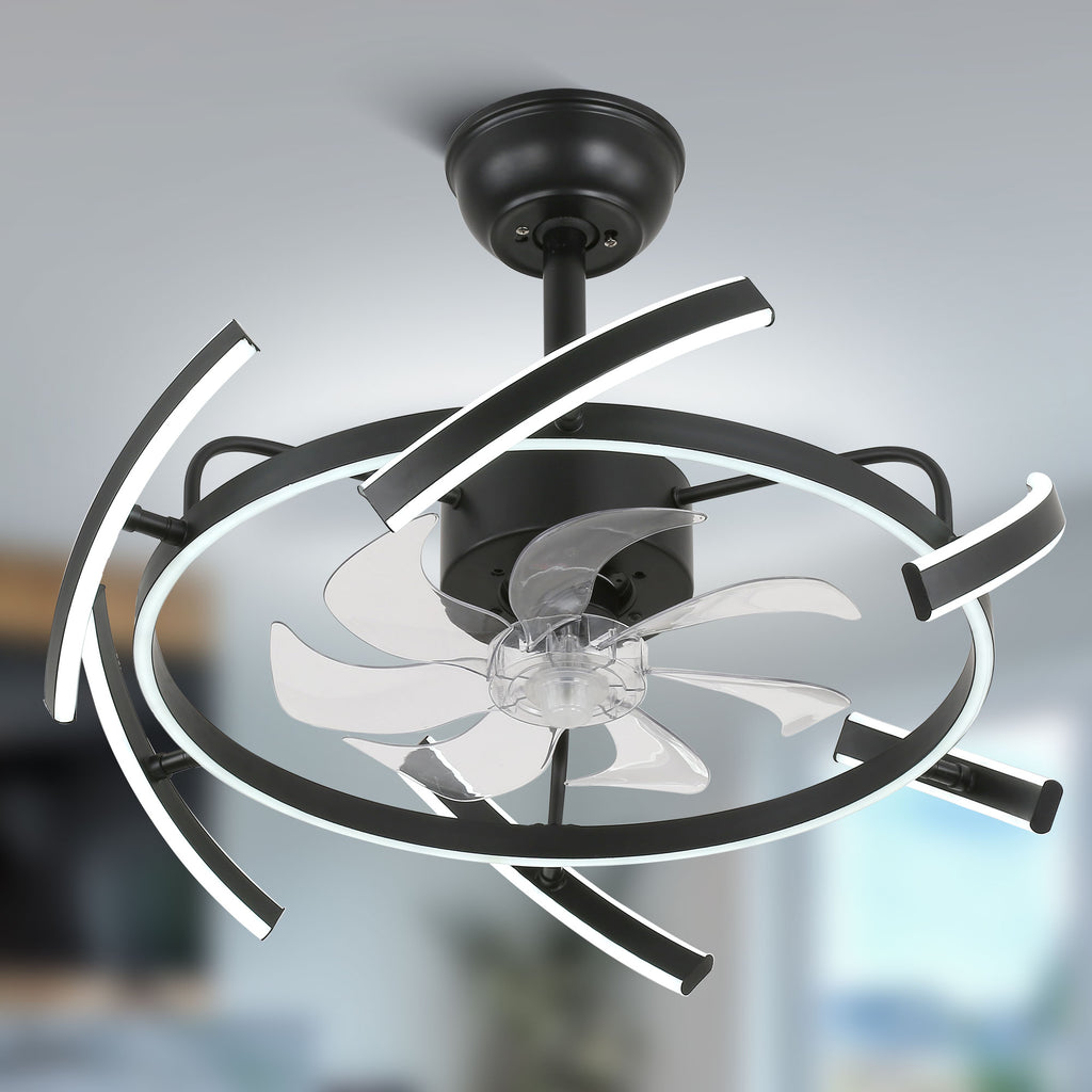 24 Inch Black Modern Smart Ceiling Fan with Dimmable LED Light and Remote, 6 Speeds DC Motor Reversible Bladeless Ceiling Fan with DIY Shape