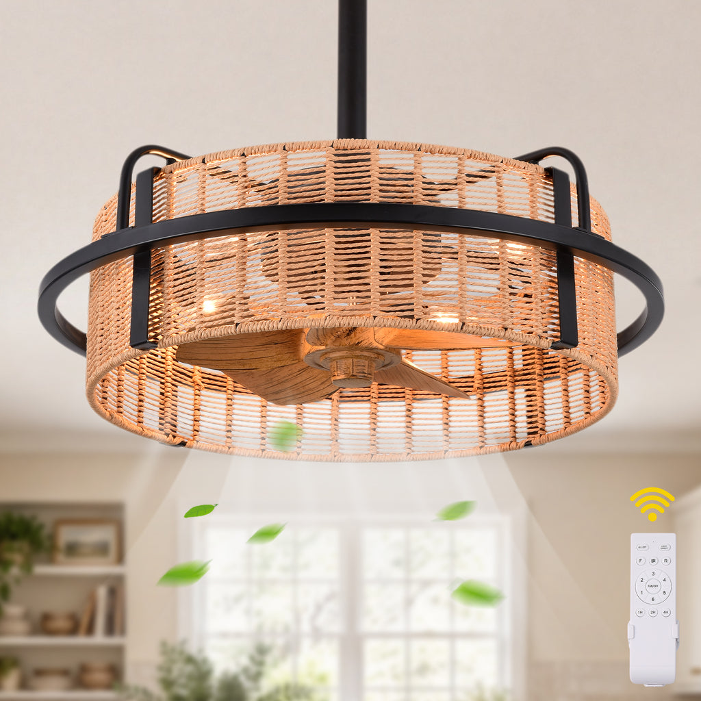 Bohemian 20 Inch Rattan Caged Retractable Ceiling Fan with Light Quiet DC Motor Reversible Down Rod Ceiling Fan with Light Farmhouse Remote Control and Adjustable 6 Speed Ceiling Fan Suit for Bedrooms, Kitchens, Living Rooms