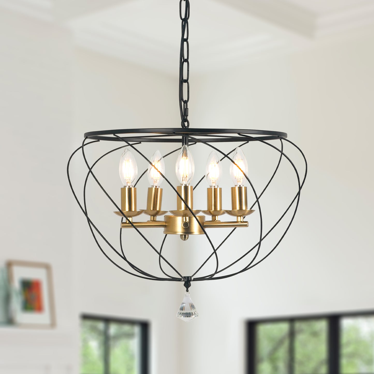 FC4087-Ironwork Geometric Linear Metal Caged Chandelier, with Light Kit and Adjustable Chain