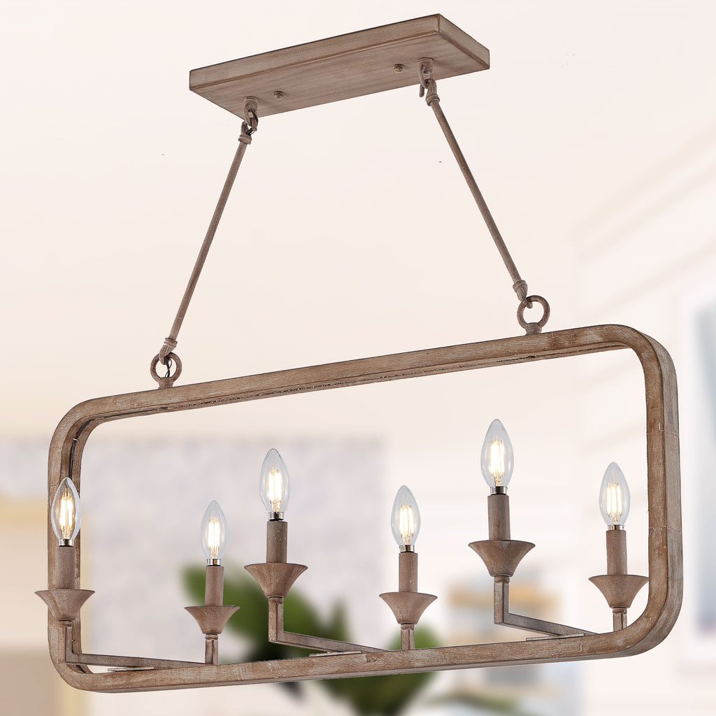 6 - Lights Rustic Distressed Wood Chandelier, Vintage Farmhouse Chandeliers for Dining Room Kitchen Island Lighting