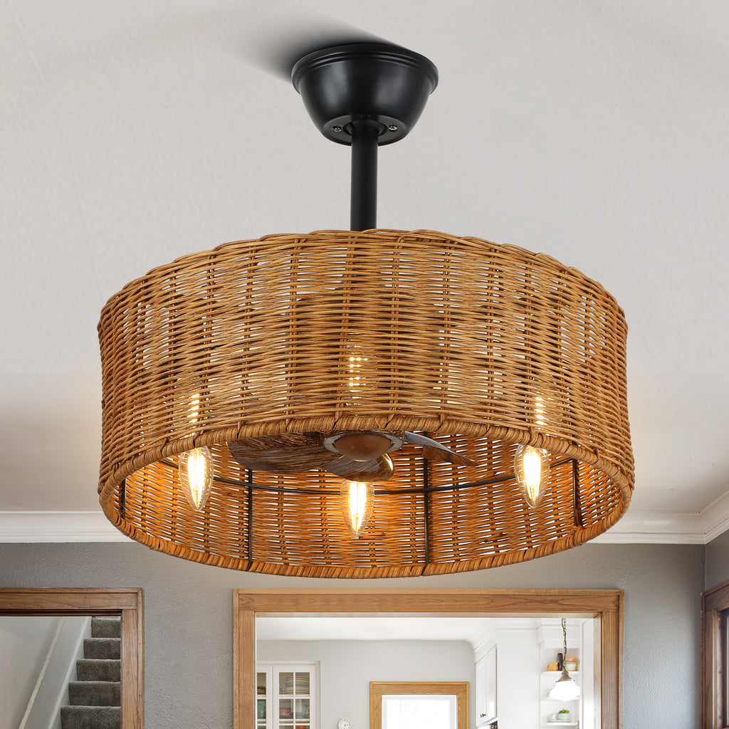 18 Inch Farmhouse Rattan Caged Ceiling Fan with Lights and Remote, 6 Speeds DC Motor Bladeless Fandelier Ceiling Fan for Bedroom