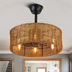 18 Inch Farmhouse Rattan Caged Ceiling Fan with Lights and Remote, 6 Speeds DC Motor Bladeless Fandelier Ceiling Fan for Bedroom
