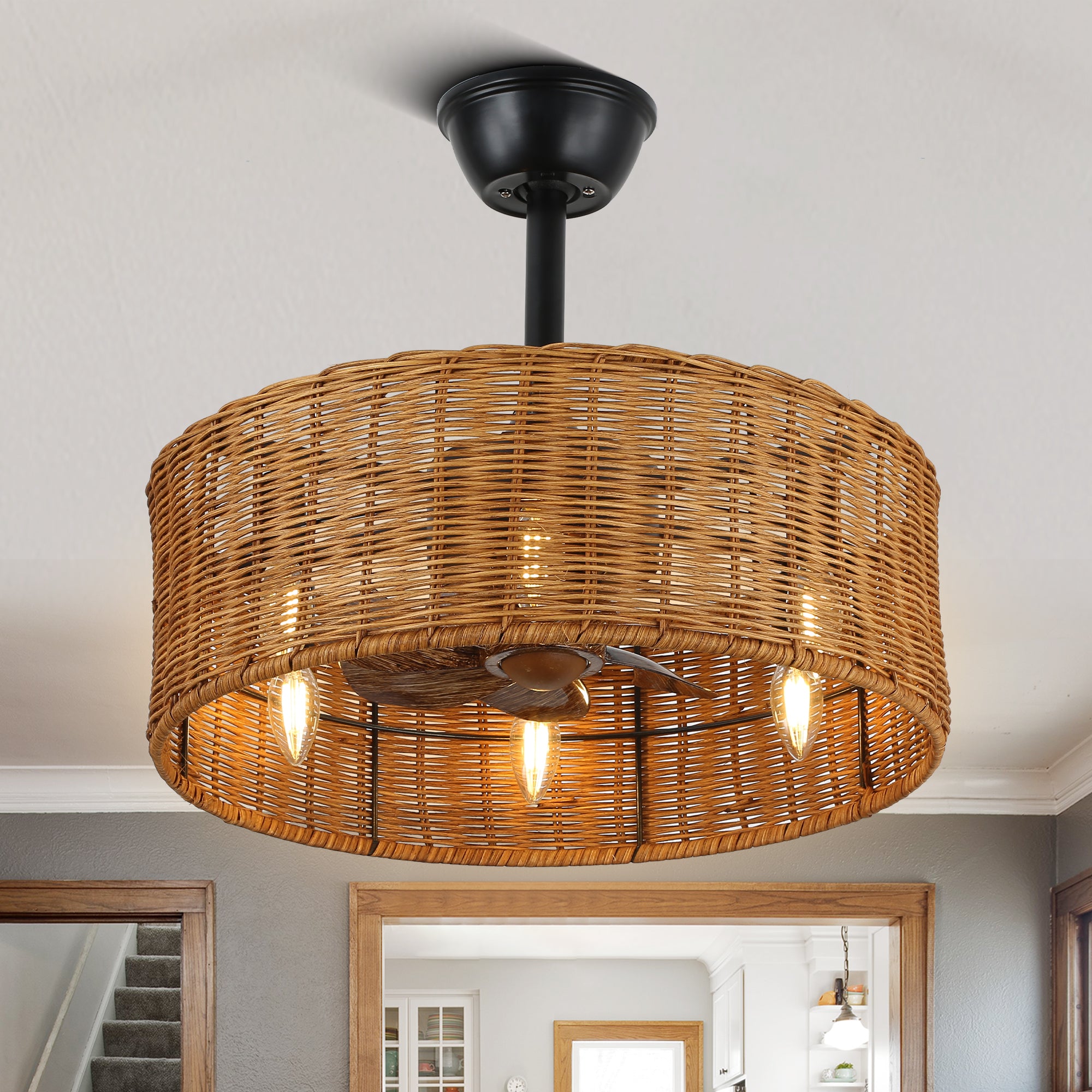 18 Inch Farmhouse Rattan Caged Ceiling Fan with Lights and Remote, 6 Speeds DC Motor Bladeless Fandelier Ceiling Fan for Bedroom