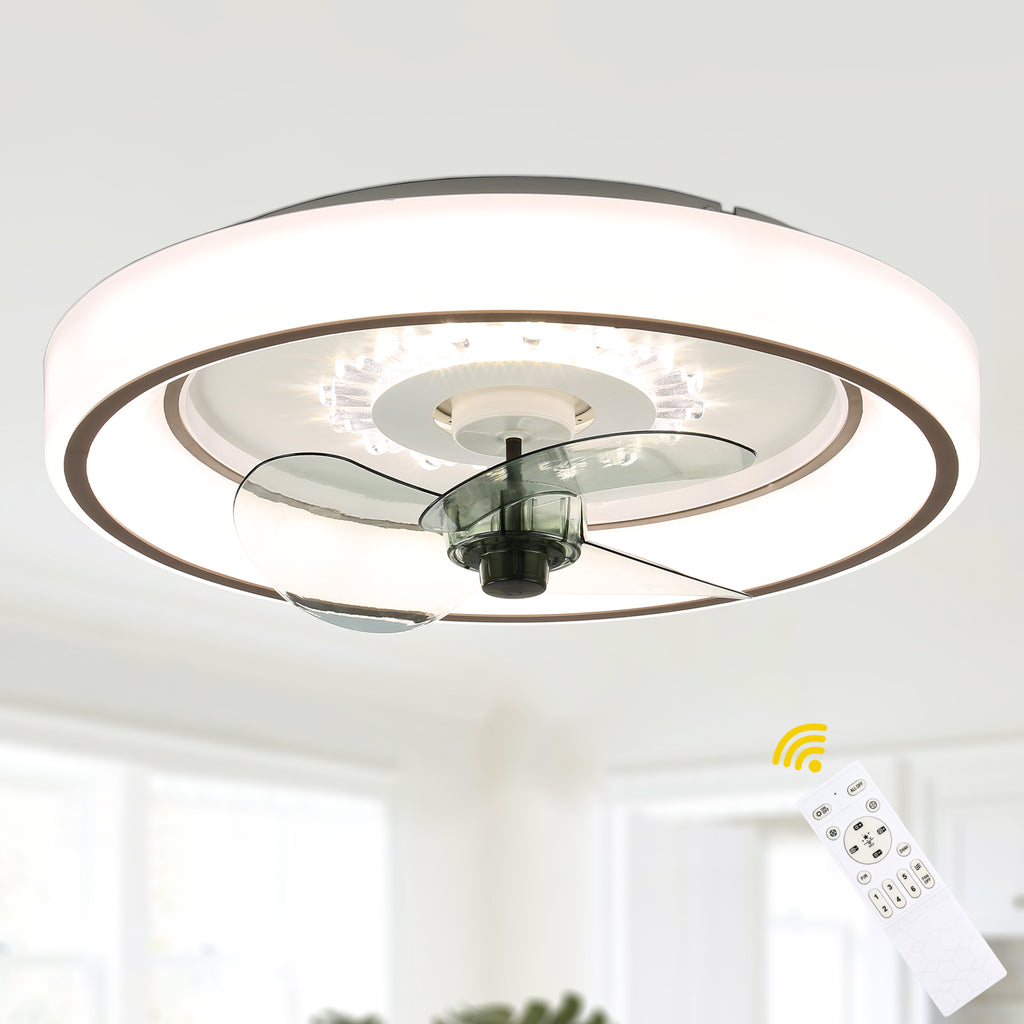 19 Inch White Modern Flush Mount Ceiling Fan with LED Light and Remote, 6 Speeds DC Motor Reeversible Bladeless Low Profile Ceiling Fan