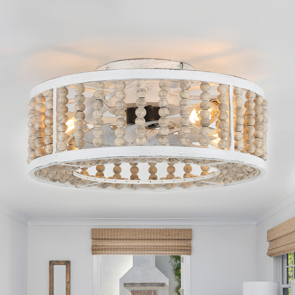 20 Inch Boho Flush Mount Ceiling Fan with Lights and Remote,3 Speeds Reversible Bladeless Low Profile Ceiling Fan for Bedroom