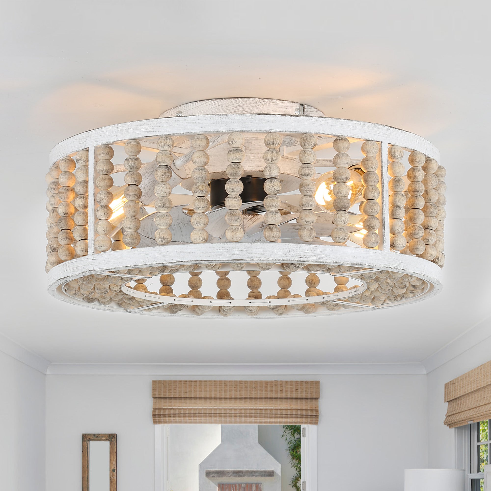 20 Inch Boho Flush Mount Ceiling Fan with Lights and Remote,3 Speeds Reversible Bladeless Low Profile Ceiling Fan for Bedroom