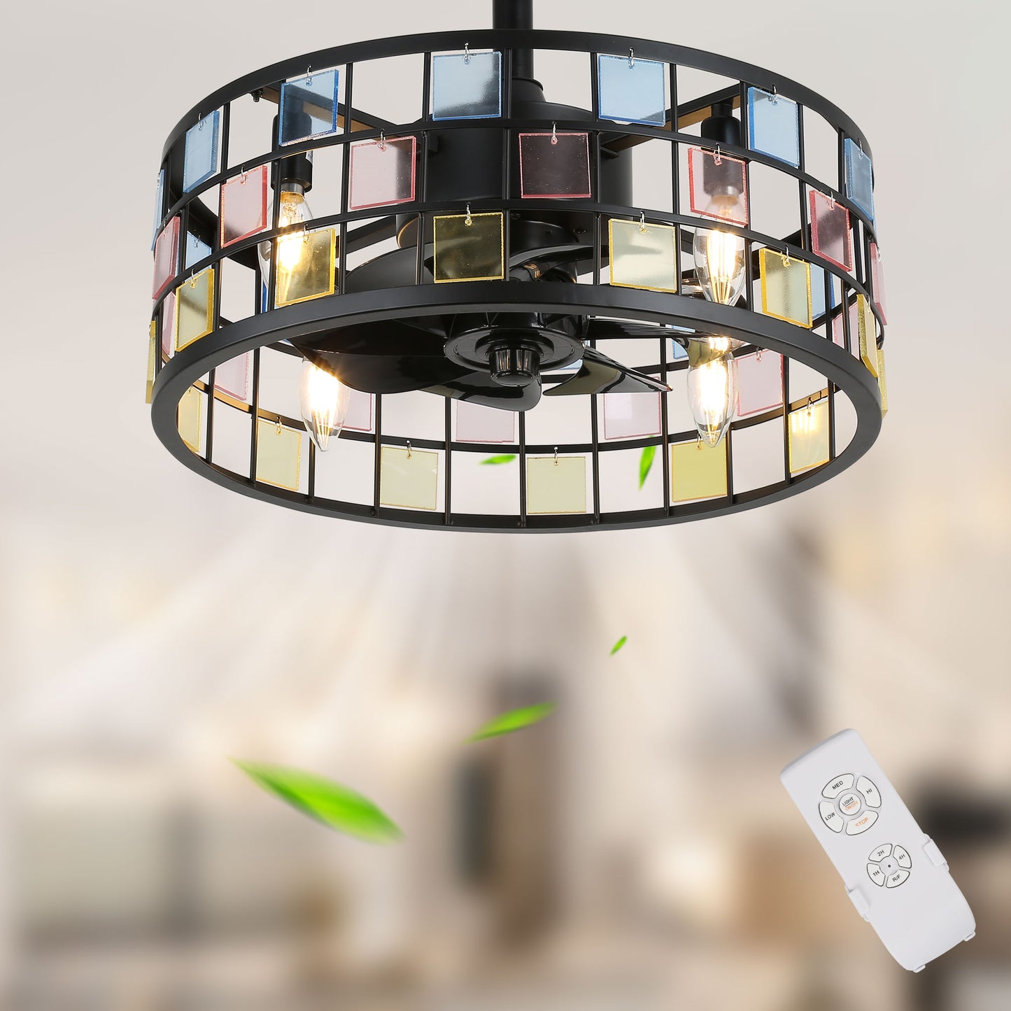 BD1813-17.7 in. Metal Caged Reversibe Ceiling Fan with Lights and Remote