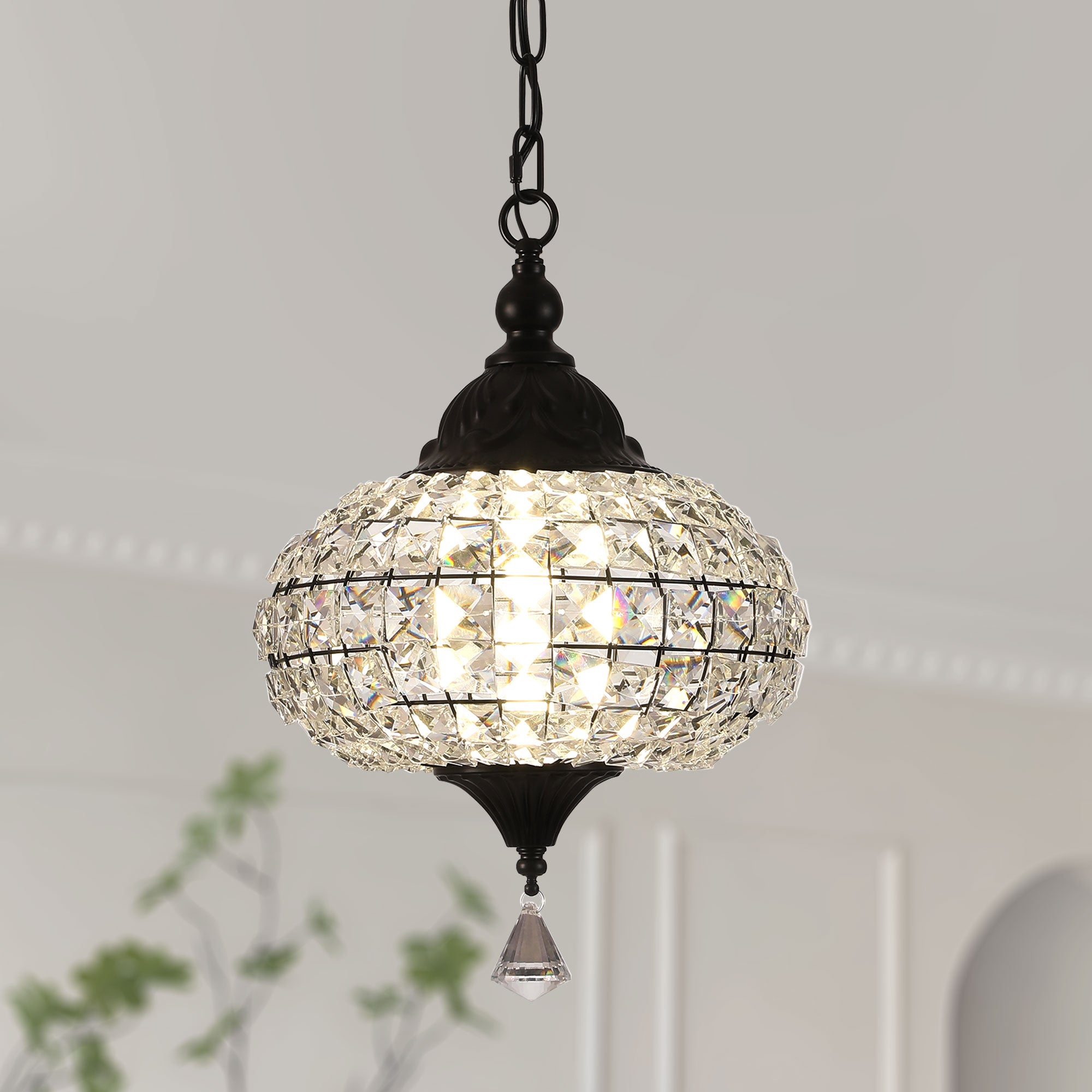FC4073-BellaDepot LED Black/Silver Finish Luxury Crystal Geometric Chandelier, Height Adjustable Pendant Light
