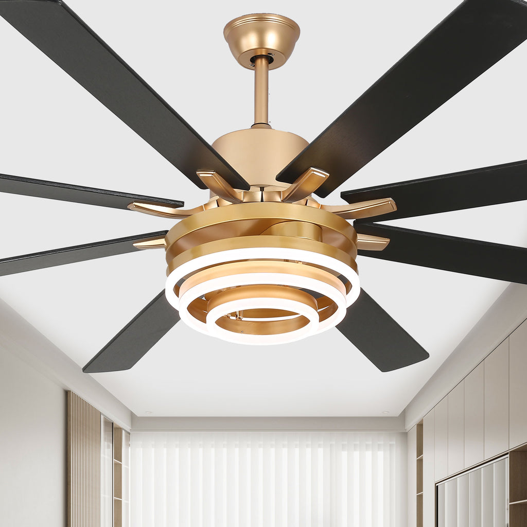 72 Inch Black/Gold/Chrome 8-Blade Modern Extra Large Ceiling Fan with LED Light and Remote, 6 Speeds DC Motor Reversible Ceiling Fan DIY Shade