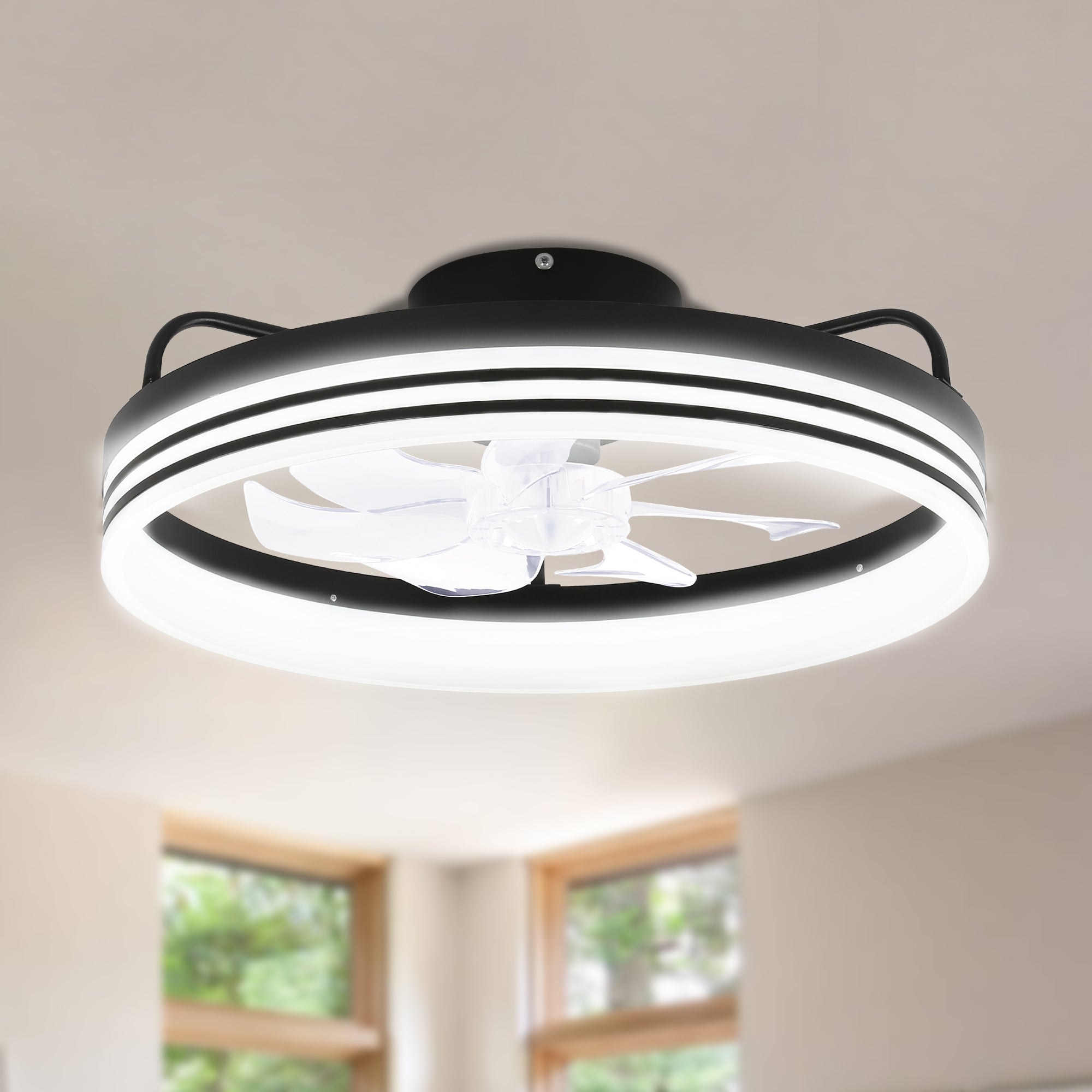 20 Inch Black/Gold/White Modern Flush Mount Ceiling Fan with Dimmable LED Light and Remote Control, 6 Speeds Bladeless Low Profile Ceiling Fan