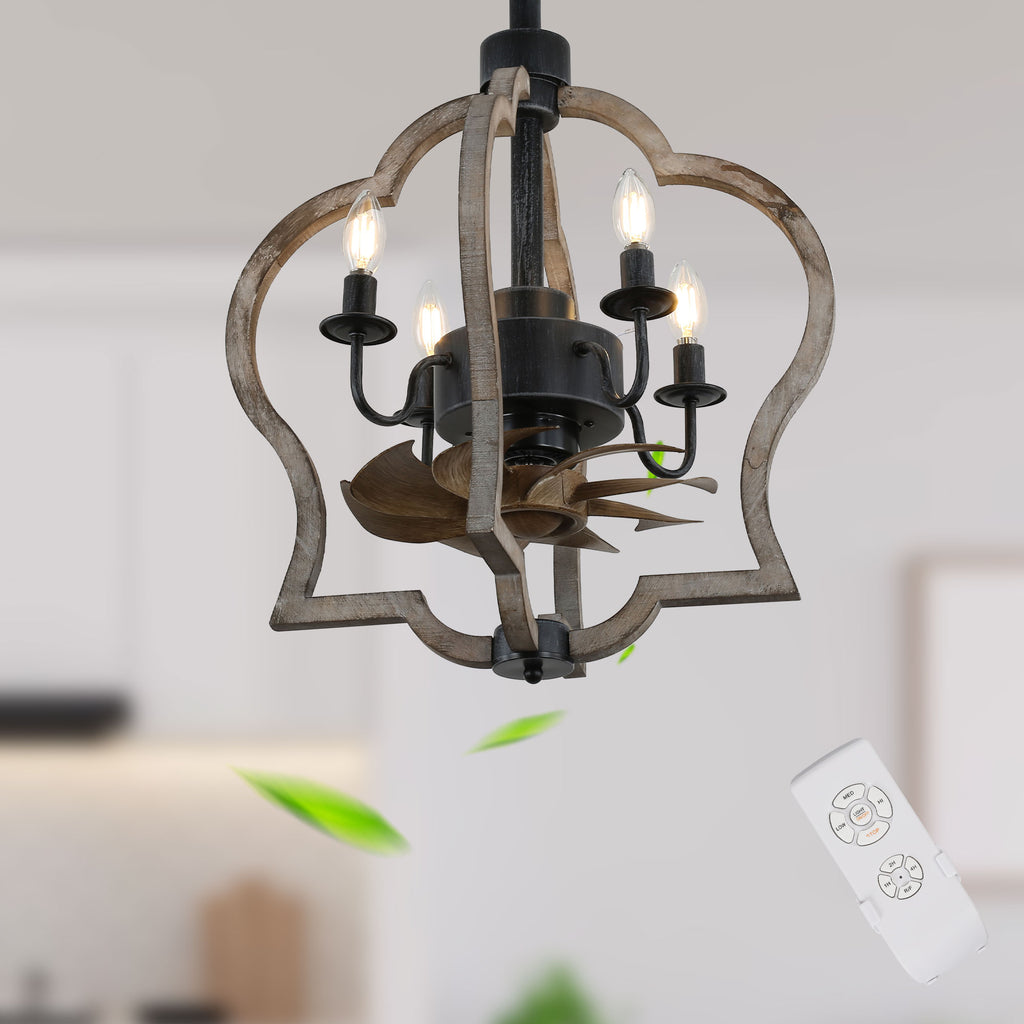 15 Inch Farmhouse Wood Caged Ceiling Fan with Lights and Remote Control, 3-Speed Reversible Bladeless Ceiling Fan for Bedroom