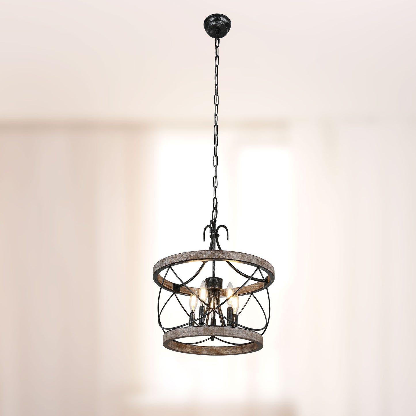 FC4065-Five Lights Vintage Style Wooden Chandelier with Chain and Candelabra Bulb Base for Home Bedroom Dining Room Entrance Door