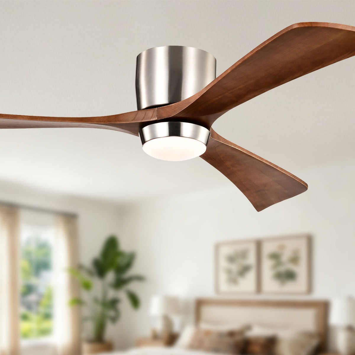52 Inch Modern Farmhouse Stain Nickel Flush Mount Ceiling Fan with Lights & Remote Control, 6 Speed DC Motor Reversible Ceiling Fan