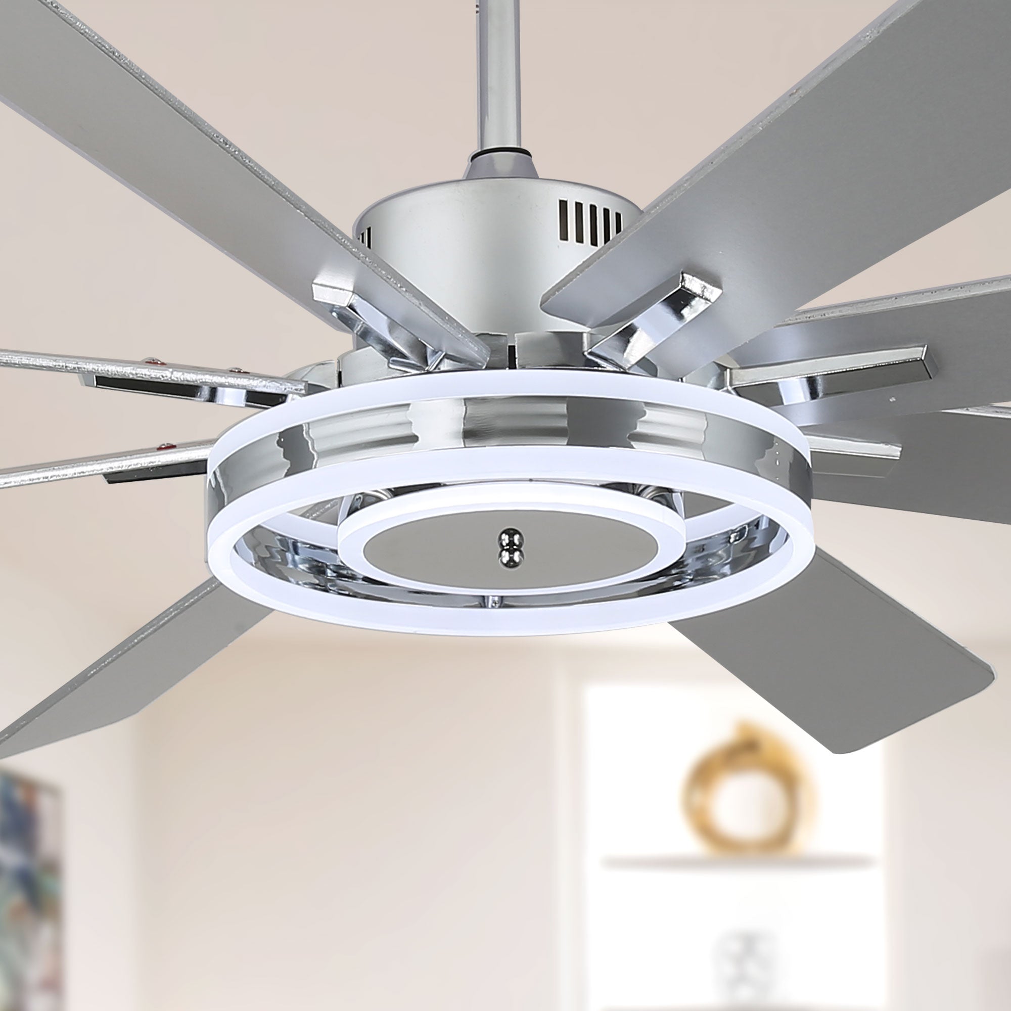 DC7202-BellaDepot 72" 8 Wooden Blades Gold/Black/Silver Finish Modern Urban Reversible Ceiling Fan with Remote and LED Light Kit Included, Large Size Dimmable Ceiling Fan