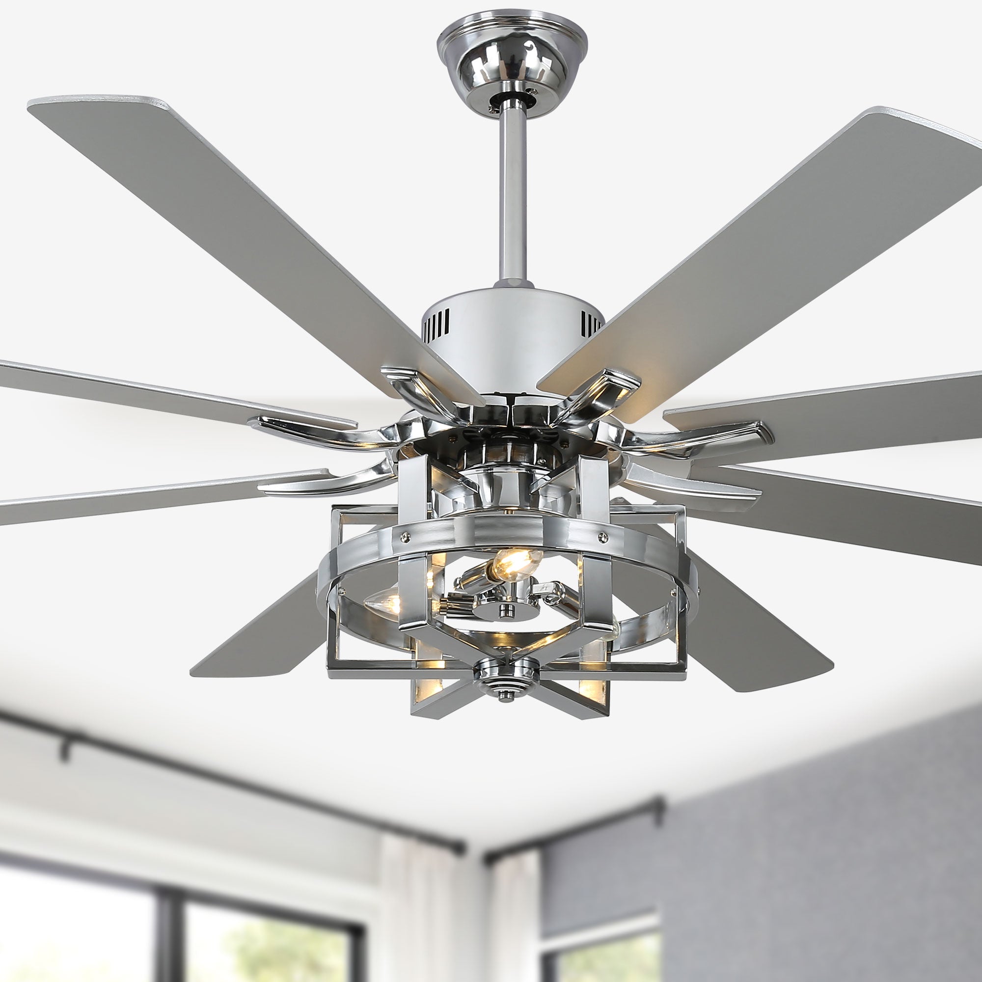 DC6501-BellaDepot 65" 8 Wooden Blades Black/Silver Finish Industrial Caged Reversible Ceiling Fan with Remote and 3 Lights, Large Size 6-speed Ceiling Fan