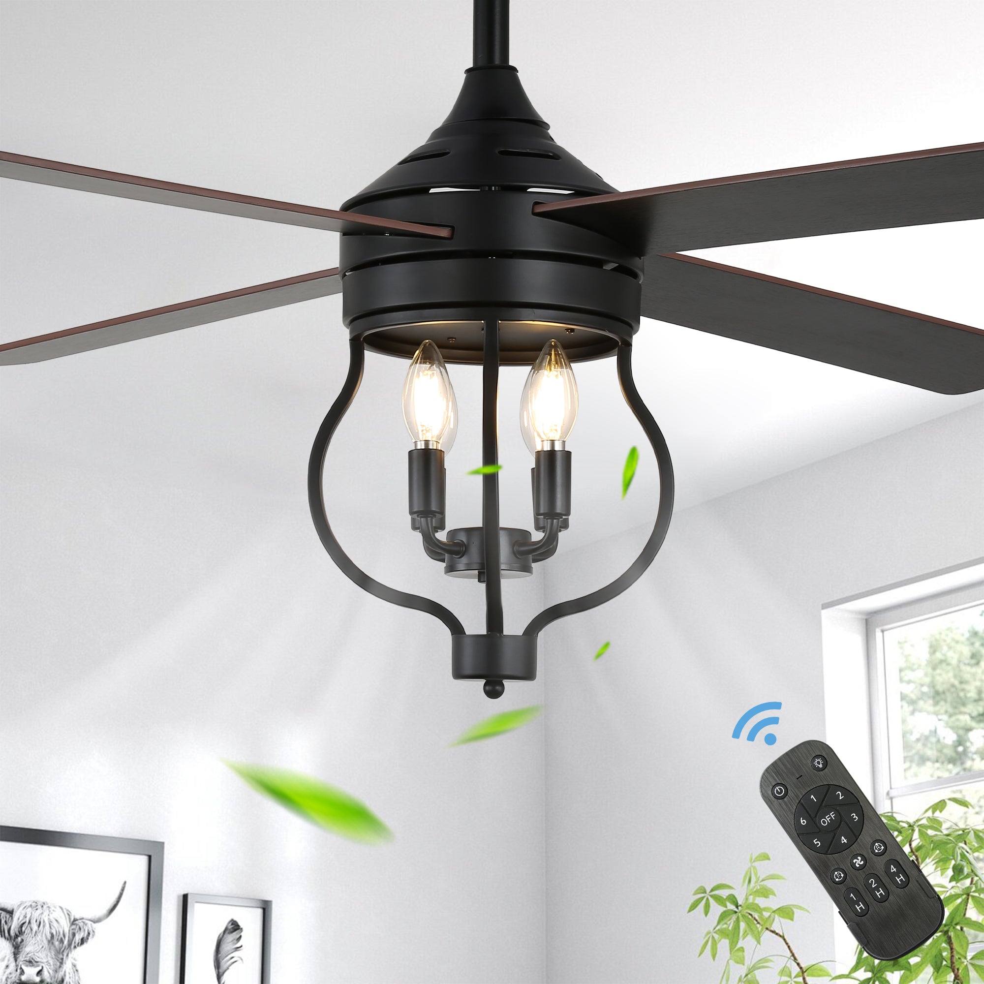 48 Inch Black Classic Ceiling Fan with Lights and Remote Control, 6 Speeds 4-Blade DC Motor Reversible Ceiling Fan for Living Room