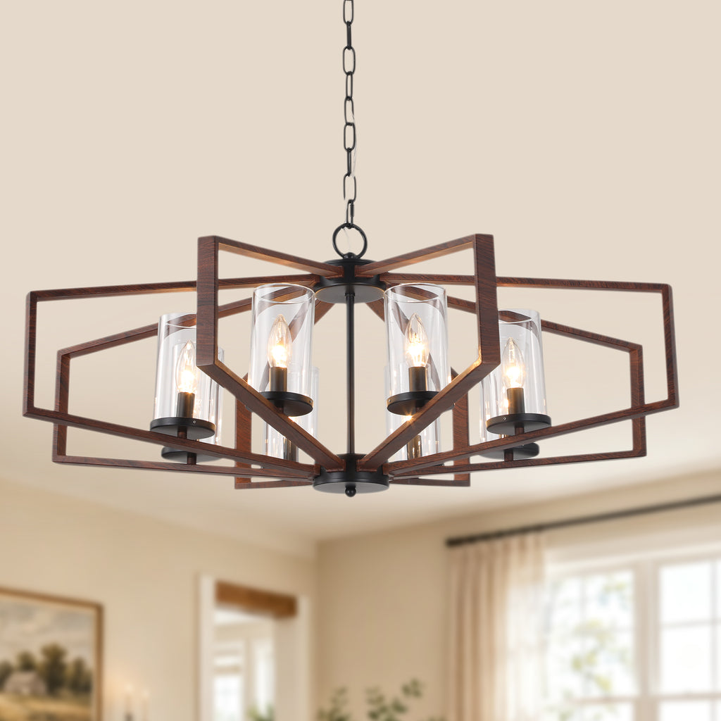 Farmhouse 35 Inch Metal Caged Chandelier Glass Lampshade Hollowed Out Lighting Retro Chandeliers Industrial Versatile Chandelier Suit for Bedrooms, Living Rooms, Kitchens