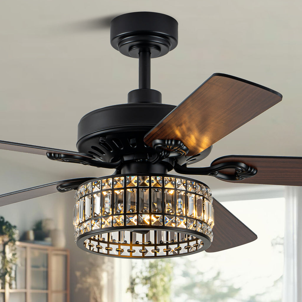52" Black Modern Glam Crystal Ceiling Fan with Lights and Remote, 6-Speed Reversible Caged Chandelier Ceiling Fan for Large Room