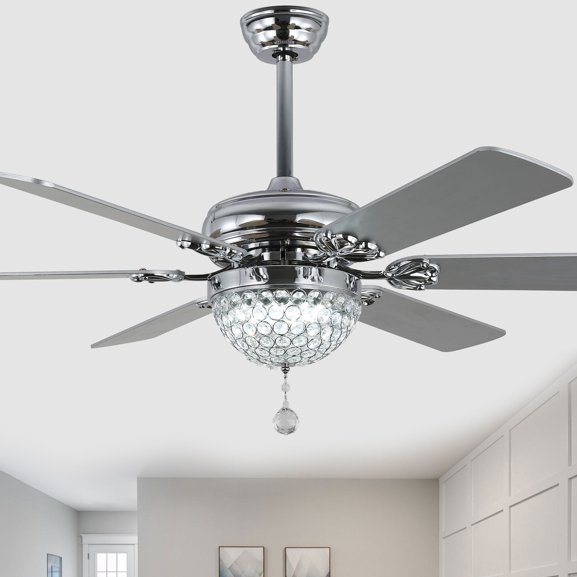 DC6503-BellaDepot 65" 6 Wooden Blades Black/Silver Finish Luxury Crystal Reversible Ceiling Fan with Remote and LED Light Kit Included, Large Size Dimmable Ceiling Fan