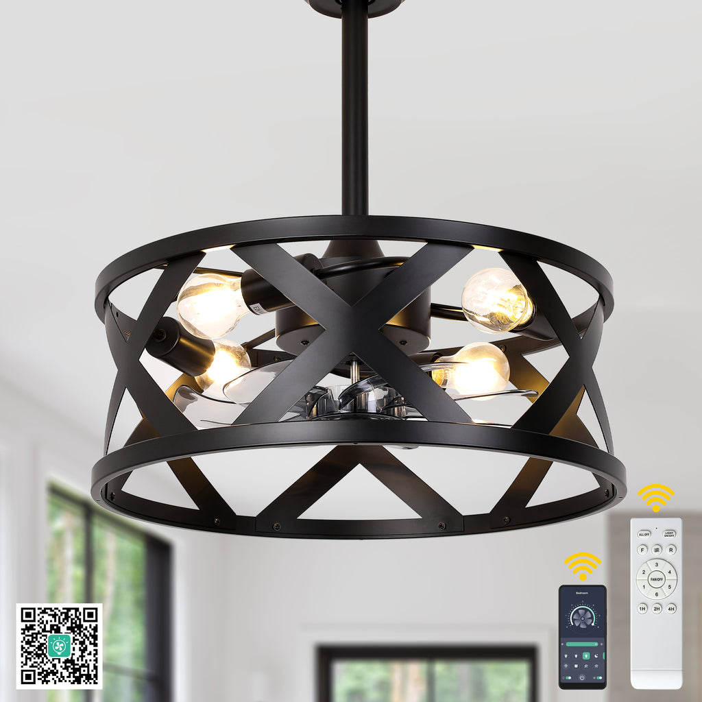 20 Inch Black Industrial Ceiling Fan with Light and Remote, 6-Speed DC Motor Bladeless Ceiling Flush Mount & Downrod Options