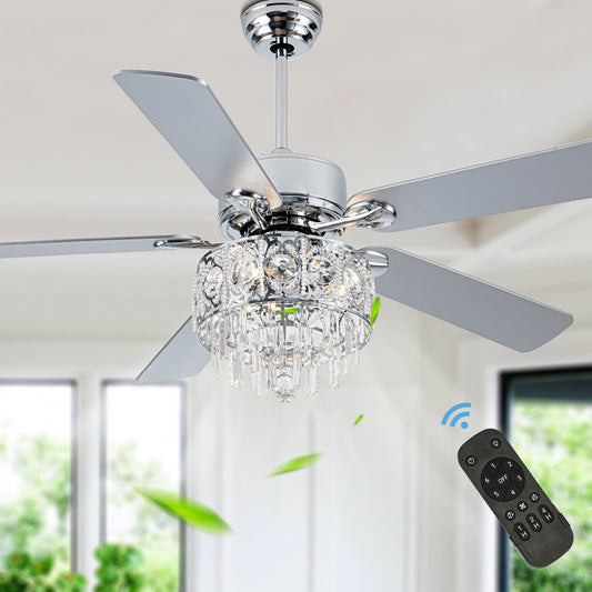 BD2064-52" Silver Finish Deluxe Crystal Reversible Ceiling Fan with 3 Lights and Remote