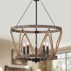 Farmhouse 20 Inch Hemp Rope Hanging Chain Chandelier Metal Wooden Hollow Out Caged Chandeliers Retro Versatile Adjustable Hanging Chain Chandelier Suit for Living Room, Kitchen, Bedroom