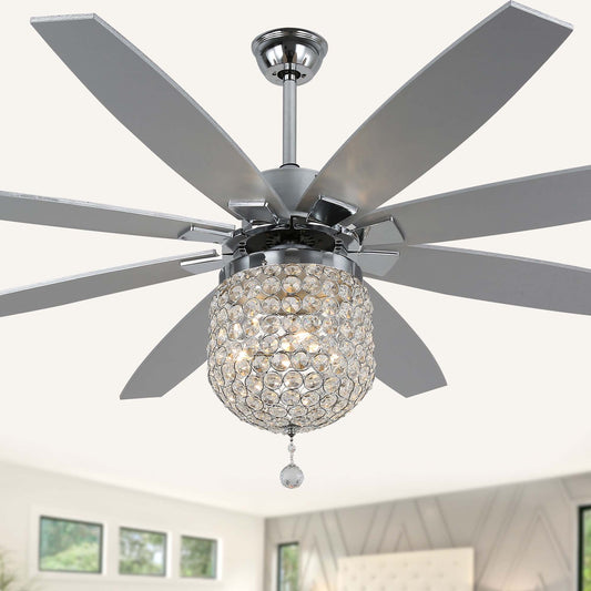 DC6504-65" Silver Crystal Caged Wooden Reversible Ceiling Fan, with Remote and 3 Lights, DC Motor, 6 Speeds