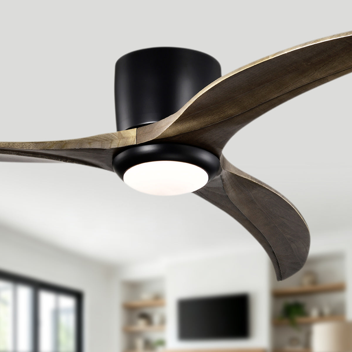 52 Inch Modern Farmhouse Flush Mount Solid Wood Blade Ceiling Fan with Lights & Remote Control, 6 Speed DC Motor Reversible Ceiling Fan