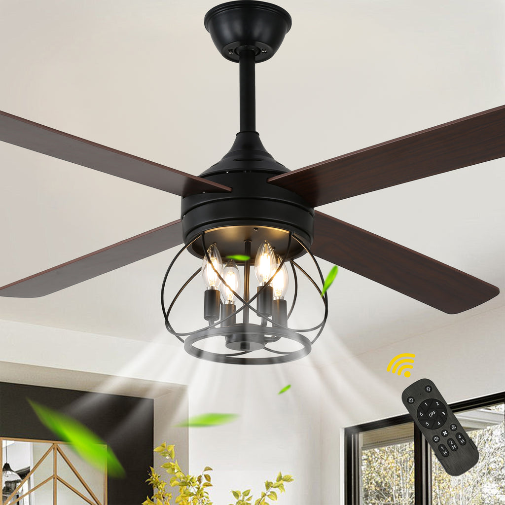 52 Inch Rustic Black Ceiling Fan with Lights and Remote, 6-Speed DC Motor Reversible Farmhouse Industrial Ceiling Fan