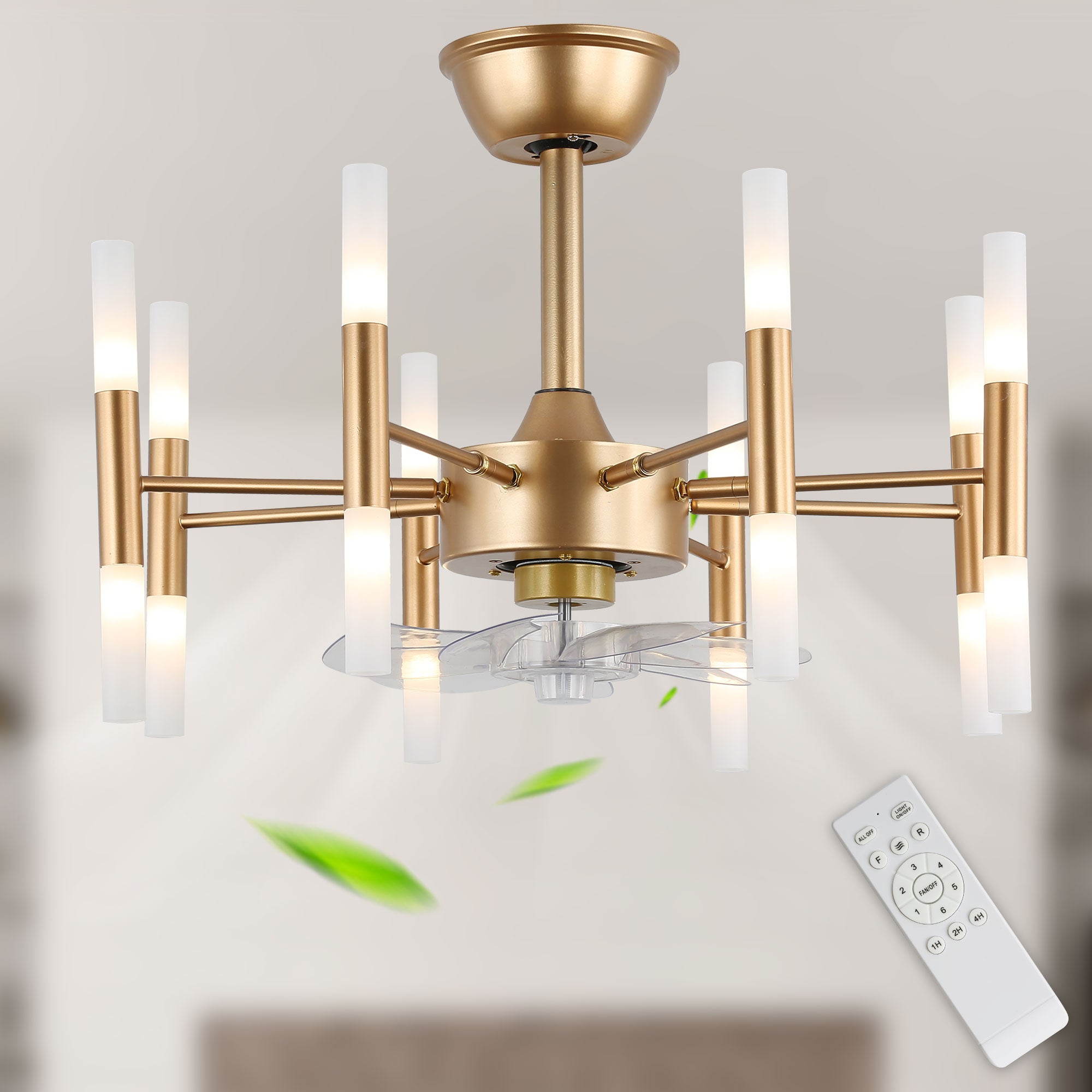 23 Inch Gold Modern Bladeless Ceiling Fan with Dimmable Lights and Remote Control, 6 Speeds DC Motor Fandelier Ceiling Fan for Bedroom