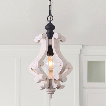 FC4001-Distressed Wood/Distressed White/White Vintage Distressed Wooden Chandelier, with Chain and Lights, for Home Entrance Door Bedroom Dining Room, 1 Light