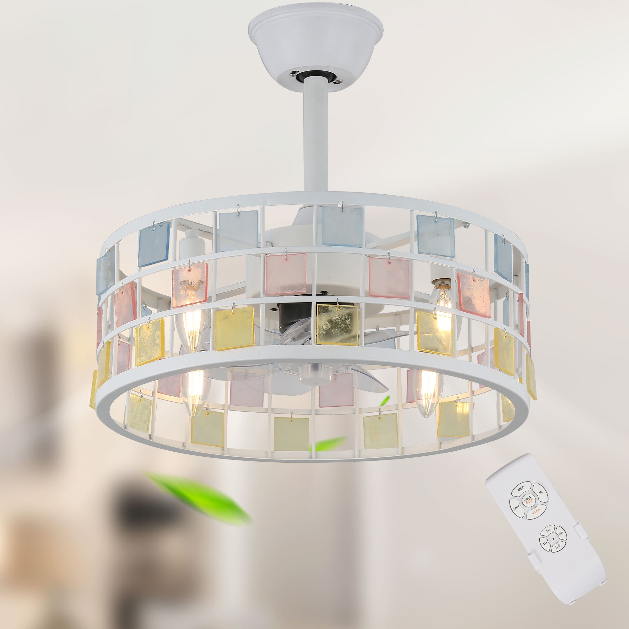 BD1813-BellaDepot 17.7" Black/White Finish Industrial Caged Reversible Ceiling Fan with 4 Lights and Remote