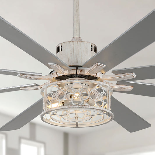 DC7201-72" Large Diameter Distressed White/Black Color Reversible Ceiling Fan, with Remote and 3 Lights, 8 Wooden Blades