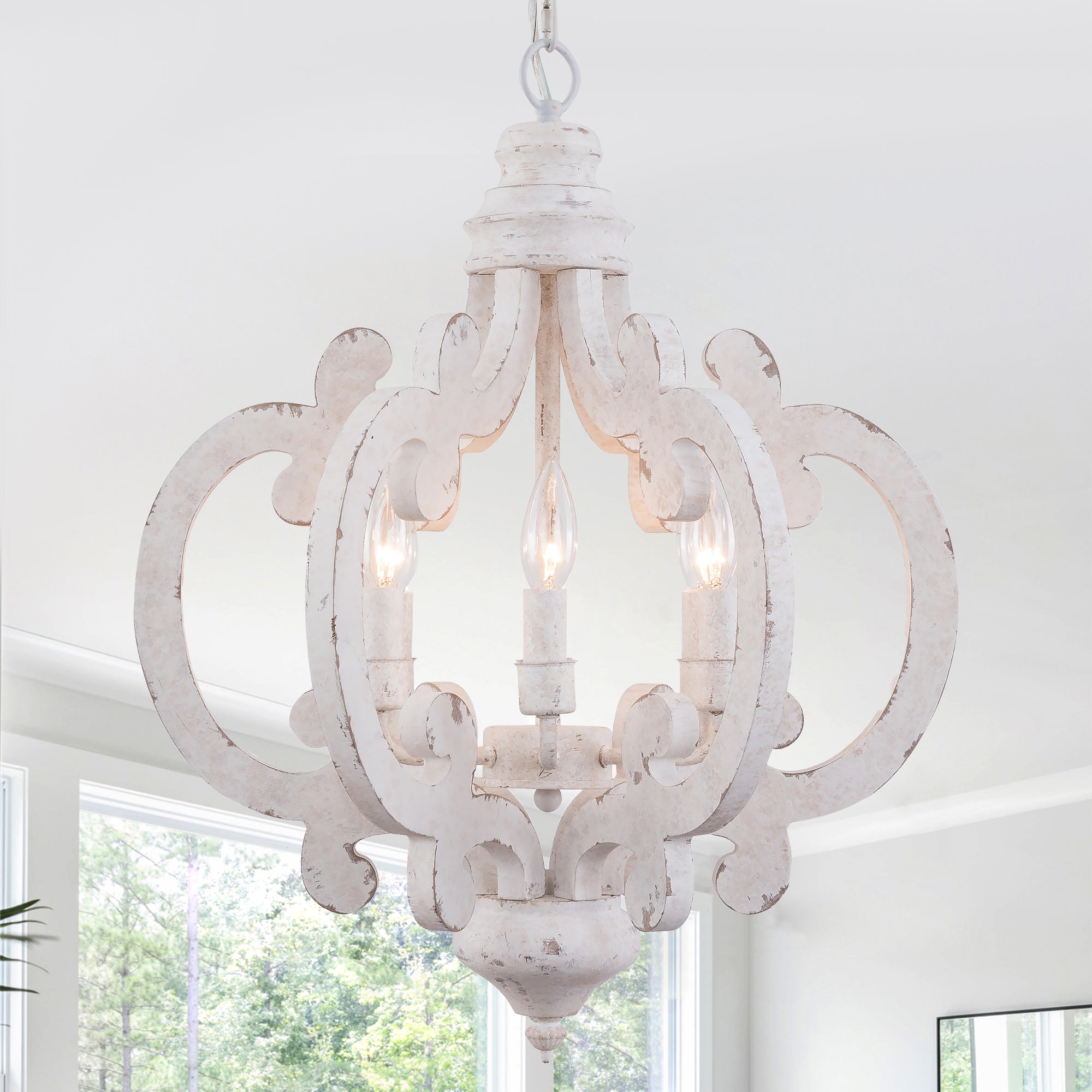 6-Light Distressed Wood French Country Vintage Geometric Chandelier with Adjustable Chain, Farmhouse Solid Wooden Chandelier