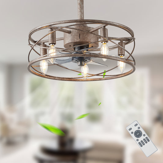 GED001-BellaDepot 18" Distressed Retro Reversible Caged Ceiling Fan with Remote and 5 Lights