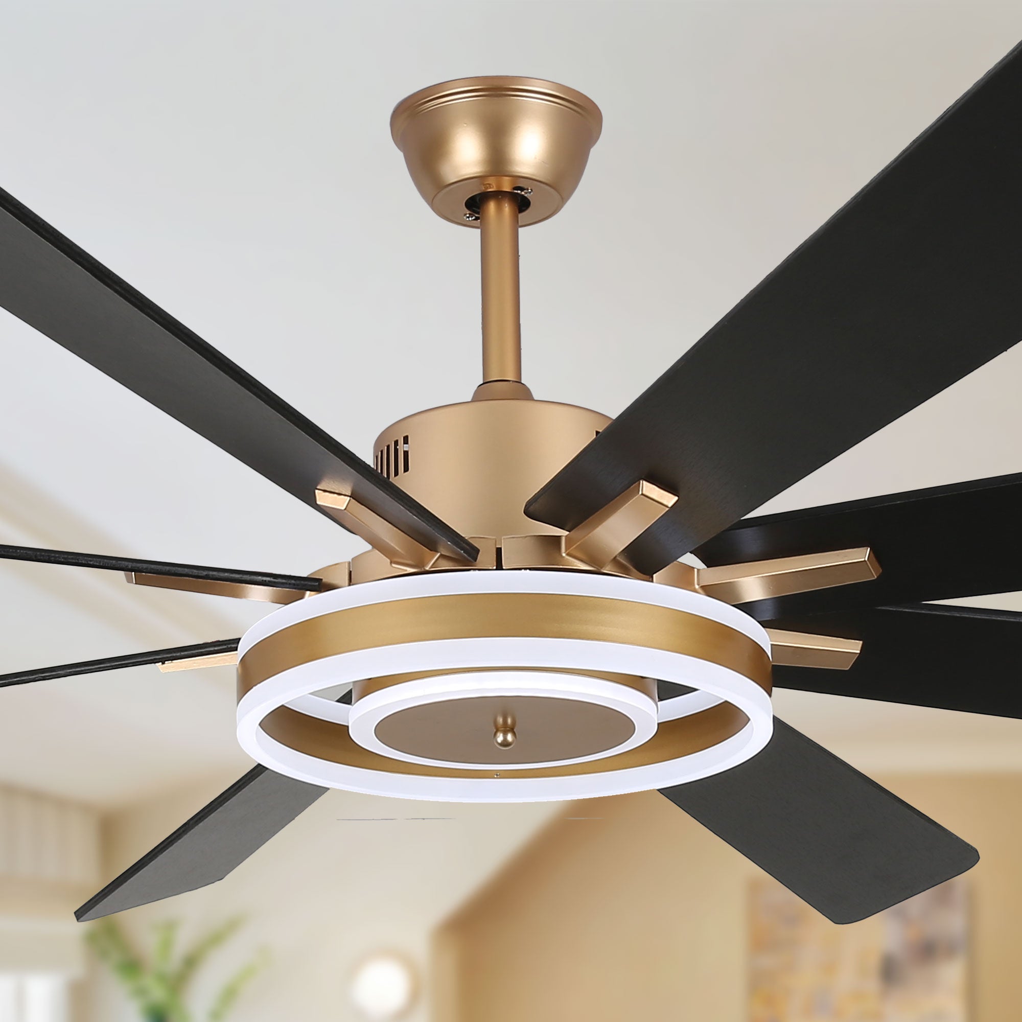 DC7202-BellaDepot 72" 8 Wooden Blades Gold/Black/Silver Finish Modern Urban Reversible Ceiling Fan with Remote and LED Light Kit Included, Large Size Dimmable Ceiling Fan
