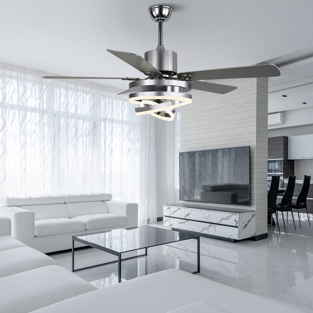 52 Inch Black/Chrome Modern Ceiling Fan with LED Light and Remote Control, 6 Speeds DC Motor Reversible Ceiling Fan with DIY Shade