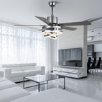 52 Inch Black/Chrome Modern Ceiling Fan with LED Light and Remote Control, 6 Speeds DC Motor Reversible Ceiling Fan with DIY Shade