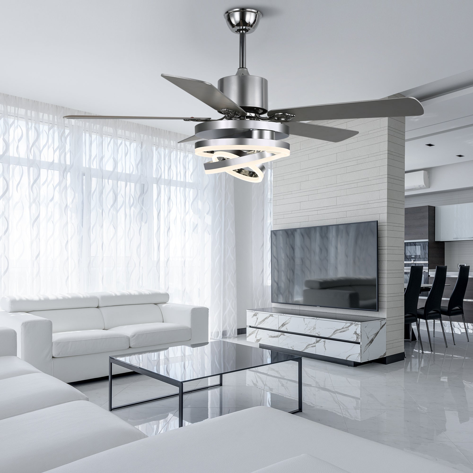 DC2062-BellaDepot 52" Black/Silver Finish Dimmable Ceiling Fan with Remote and LED Light Kit Included, 6-speed Ceiling Fan
