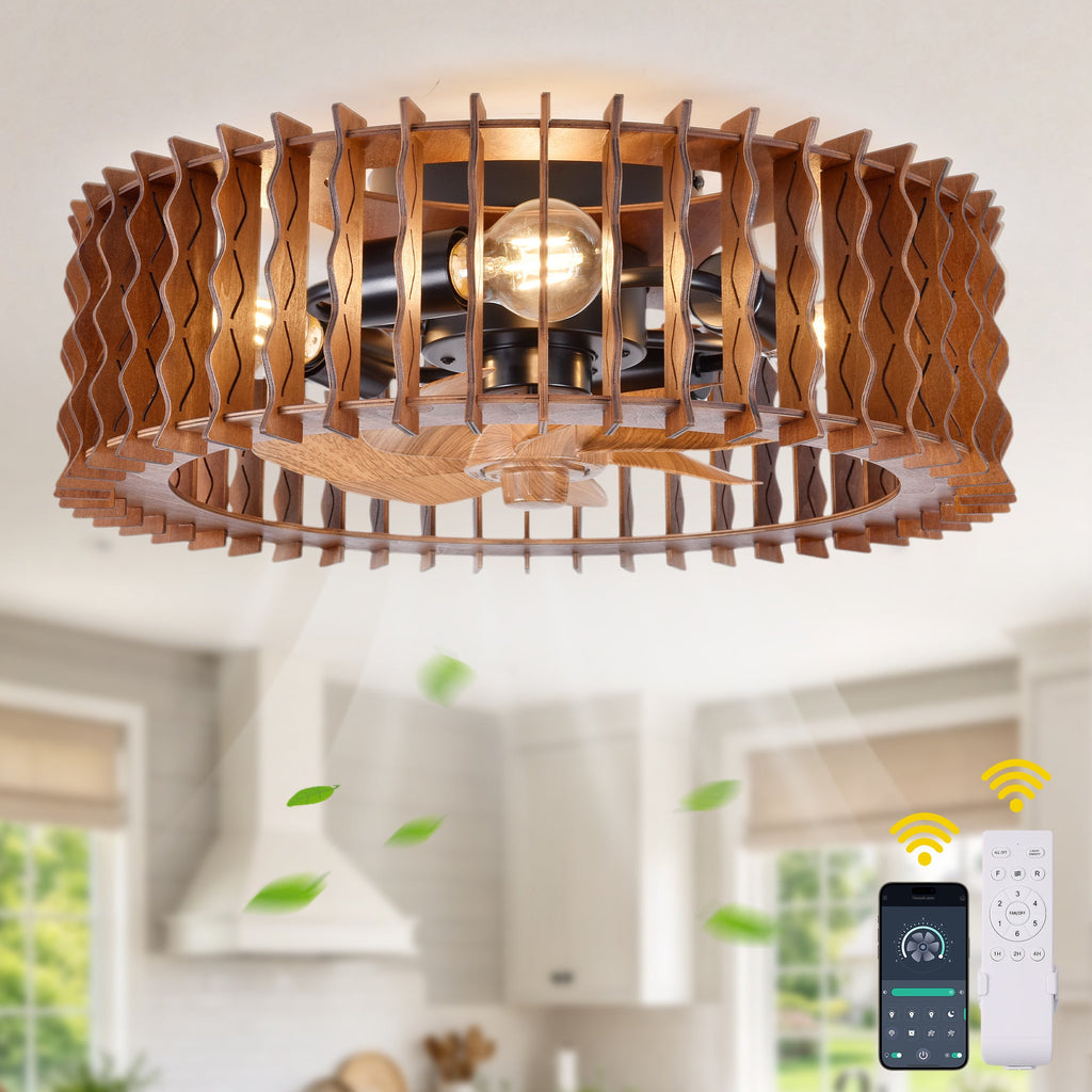 Farmhouse 20 Inch Wooden Caged Flush Mount Ceiling Fan with Light Quiet Reversible DC Motor Retractable Blades Ceiling Fan with Light Retro Remote Control Adjustable 6 Speed Ceiling Fan Suit for Kitchen, Bedroom, Study
