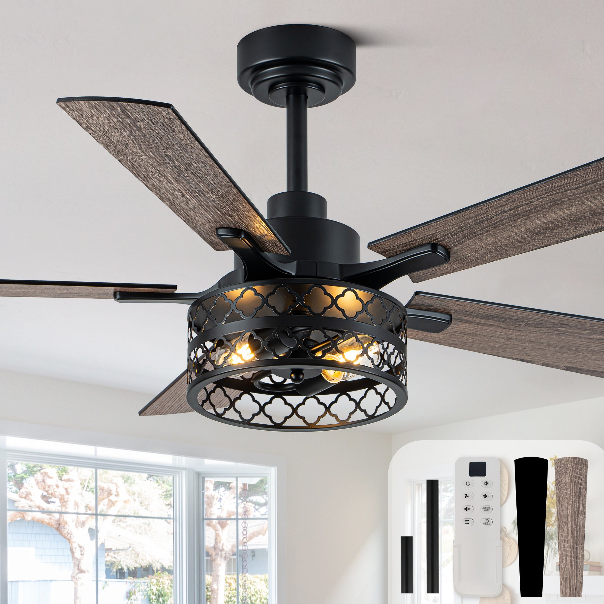 Farmhouse 46 Inch Metal Caged Ceiling Fan with Light Quiet Reversible DC Motor with  Remote Control Ceiling Fan Modern Wood Blades Ceiling Fan with Light Suit for Living room, Bedroom, Kitchen