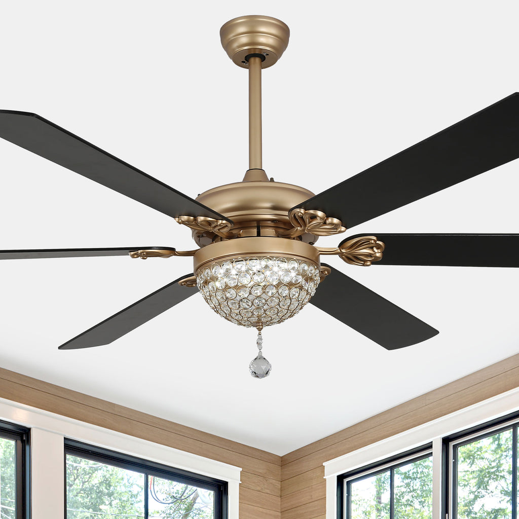65 Inch Black/Chrome Modern Glam Crystal Ceiling Fan with Dimmable LED Light and Remote, 6 Speeds DC Motor Ceiling Fan with Crystals