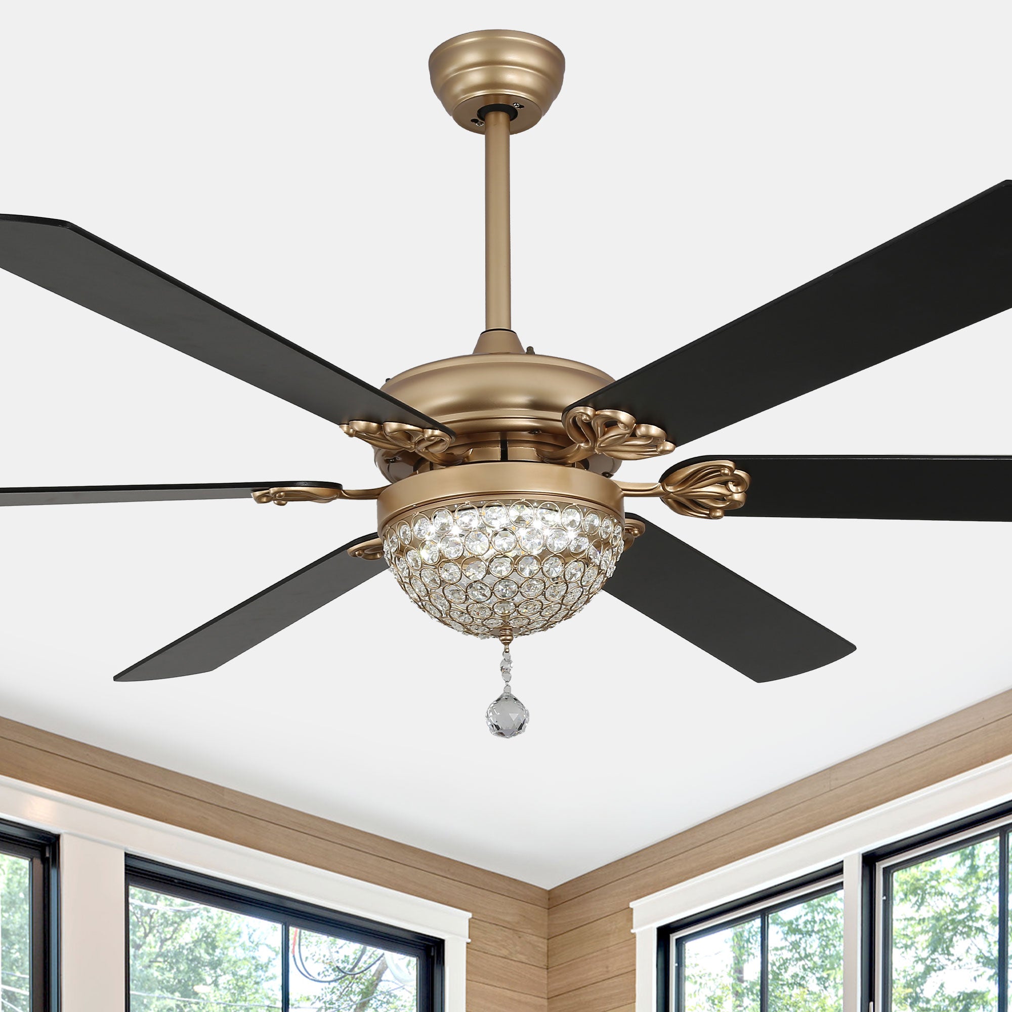 DC6503-BellaDepot 65" 6 Wooden Blades Black/Silver Finish Luxury Crystal Reversible Ceiling Fan with Remote and LED Light Kit Included, Large Size Dimmable Ceiling Fan