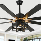 DC6501-BellaDepot 65" 8 Wooden Blades Black/Silver Finish Industrial Caged Reversible Ceiling Fan with Remote and 3 Lights, Large Size 6-speed Ceiling Fan
