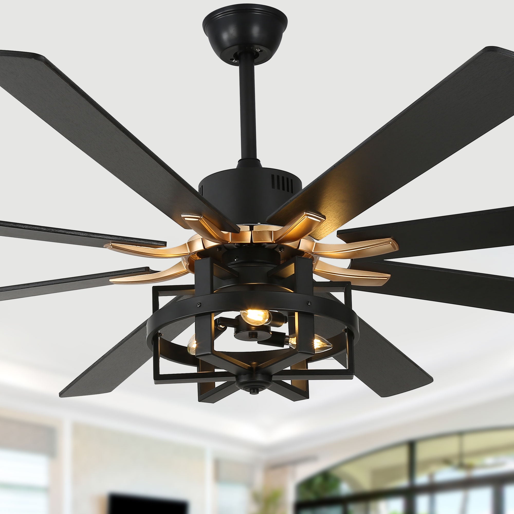 DC6501-BellaDepot 65" 8 Wooden Blades Black/Silver Finish Industrial Caged Reversible Ceiling Fan with Remote and 3 Lights, Large Size 6-speed Ceiling Fan