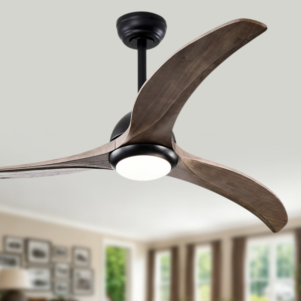 52 Inch Modern Farmhouse Matte Black Solid Wood Blade Ceiling Fan with Lights & Remote Control, 6 Speed DC Motor Reversible Ceiling Fan