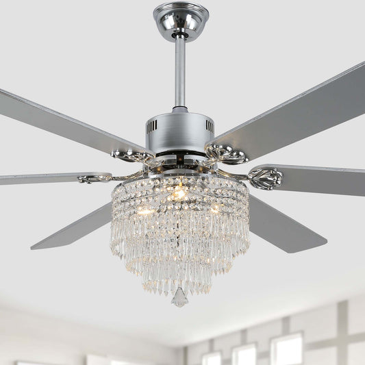 DC6502-C-65" Chrome Metal Crystal Wooden Reversible Ceiling Fan, with Remote and 3 Lights, DC Motor, 6 Speeds